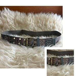 Bohemian Patterned Gray Belt with Brass Buckle and Accents